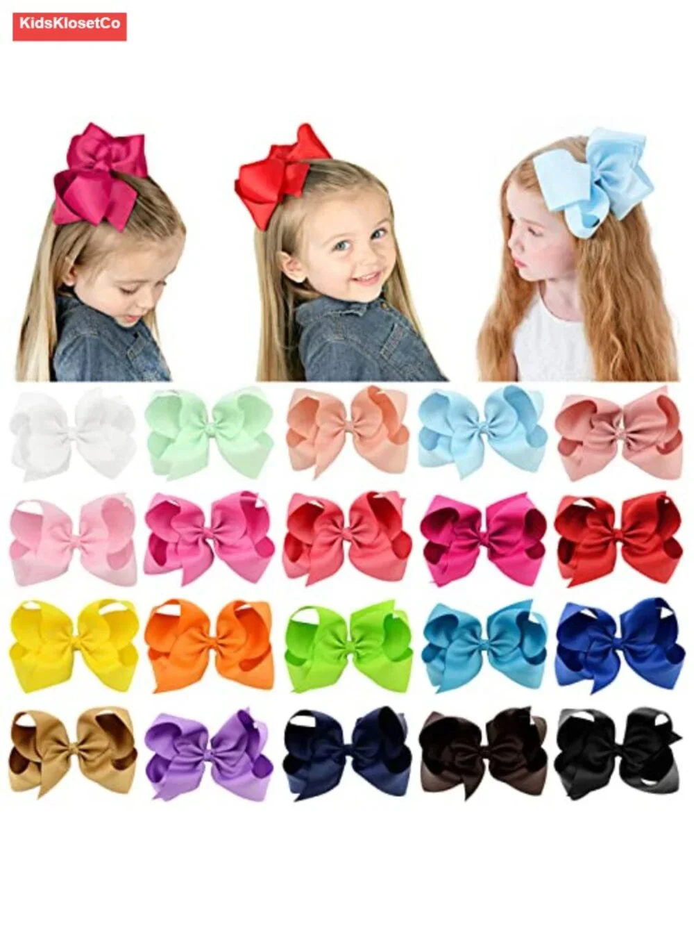 20-Pack 6 Inch Grosgrain Ribbon Hair Bows with Alligator Clips